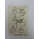 1937 Postcard, Alex James of Arsenal, pencil caricature drawing of the famous player