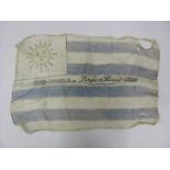 1930 Uruguay, a silk flag, blue/white, sl tears, worn, embossed, 1830-Homena J E De London Paris