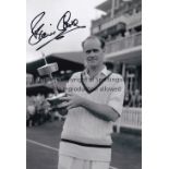 CRICKET Three signed 12 x 8 photos showing images of Brian Close, Dickie Bird and Freddie Goodwin,