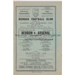 ARSENAL Programme for the away Will Mather Cup match v. Hendon 30/4/1956. Good