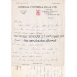 BOB WALL / ARSENAL AUTOGRAPHS Two handwritten letters, one on Arsenal letterheaded paper in 1975