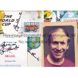 BOBBY CHARLTON AUTOGRAPHS Five signed items: A 7" X 5" colour portrait, 3 X The World Cup First