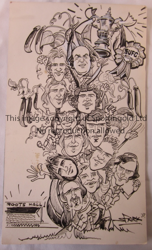 SOUTHEND UNITED An ink cartoon by SPARK mounted on board containing head and shoulders caricature