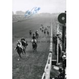 LESTER PIGGOTT B/w 12 x 8 photo showing Piggott winning the 1954 Epsom Derby on Never Say Die,