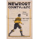 NEWPORT / SOUTHAMPTON Programme Newport County v Southampton 31/8/1946. Postponed match due to a