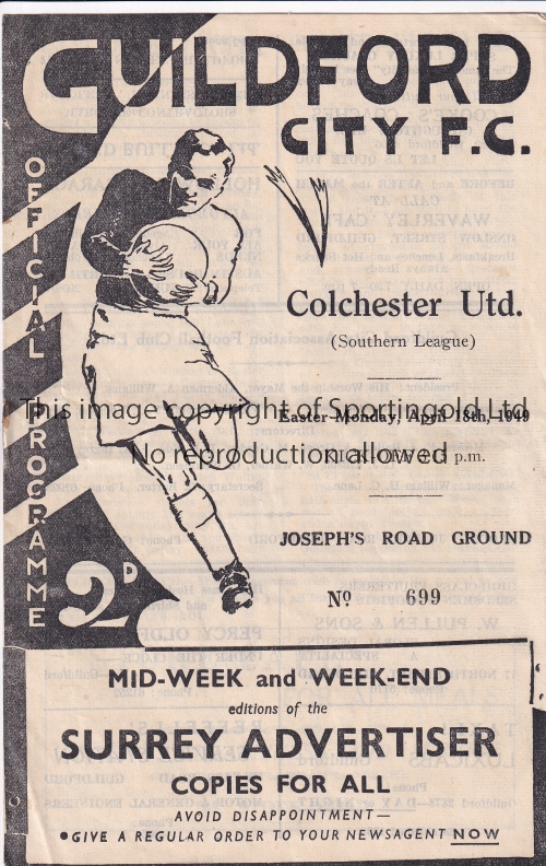 GUILDFORD / COLCHESTER 1949 Programme Guildford City v Colchester United Southern League 18/4/