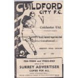 GUILDFORD / COLCHESTER 1949 Programme Guildford City v Colchester United Southern League 18/4/