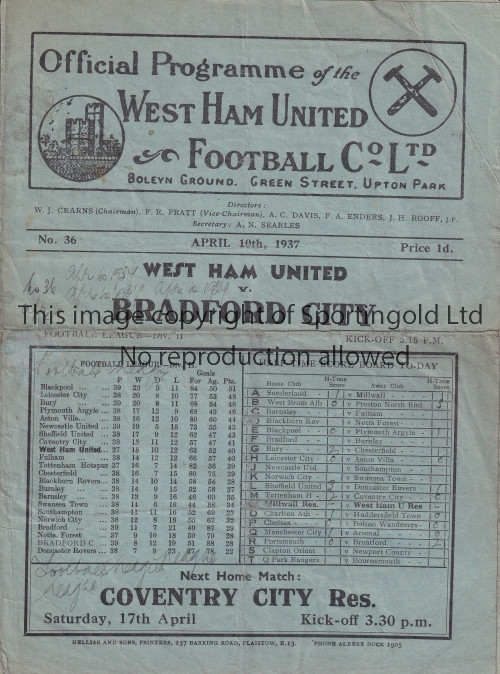 WEST HAM 1937 4 Page programme West Ham United v Bradford City April 16th 1937. Team changes on line