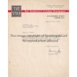 BERNARD JOY AUTOGRAPH A typed letter with The Star letterhead, signed in 1953. Horizontal crease.