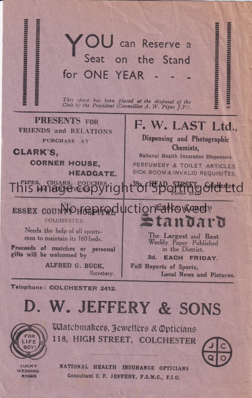 1932/33 COLCHESTER TOWN v WOOD GREEN 4-Page official programme for the Spartan League fixture played