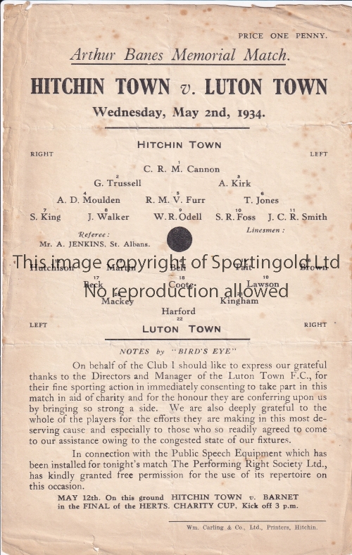 1933/34 HITCHIN TOWN v LUTON TOWN Arthur Banes Memorial Charity Match. Scarce official single