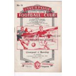 1952/53 LIVERPOOL Liverpool v Burnley (Friendly) official programme for the game played 28