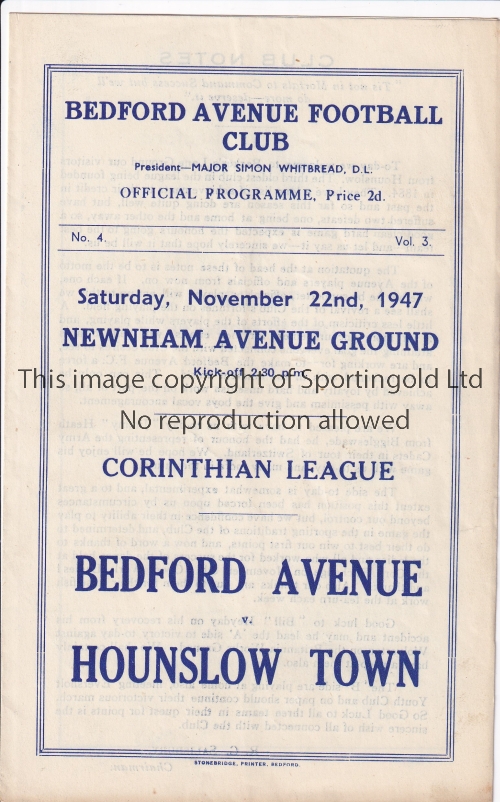 BEDFORD AVENUE V HOUNSLOW TOWN 1947 Programme for the Corinthian League match at Bedford 22/11/1947.