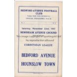 BEDFORD AVENUE V HOUNSLOW TOWN 1947 Programme for the Corinthian League match at Bedford 22/11/1947.