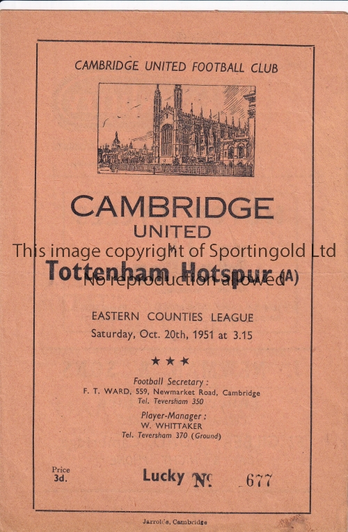 TOTTENHAM HOTSPUR Programme for the away ECL match v. Cambridge United 20/10/1951. Very slight