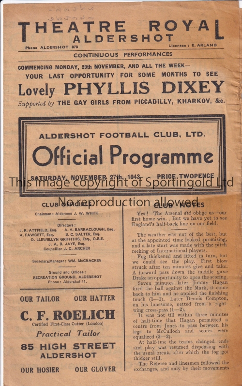 ALDERSHOT / SOUTHAMPTON 1943 Programme Aldershot v Southampton Football League South 27/11/1943.