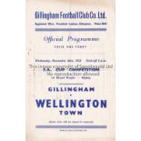 GILLINGHAM Single sheet Gillingham v Wellington Town FA Cup 1st Round Replay 26/11/1952.