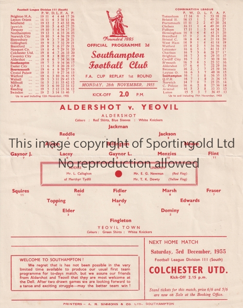 YEOVIL / ALDERSHOT / SOUTHAMPTON Single sheet programme Aldershot v Yeovil FA Cup 2nd Replay at