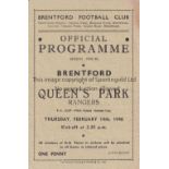 BRENTFORD / QPR 4 Page programme Brentford v Queen's Park Rangers FA Cup 5th Round 14/2/1946. One