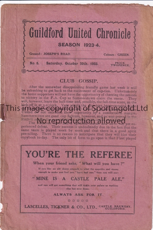 GUILDFORD Programme Guildford United v Fleet Aldershot Senior Cup 20/10/1923. Some tears at staples.