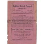 GUILDFORD Programme Guildford United v Fleet Aldershot Senior Cup 20/10/1923. Some tears at staples.