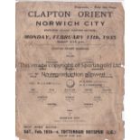 CLAPTON ORIENT / NORWICH Single sheet programme Clapton Orient v Norwich City Southern League (