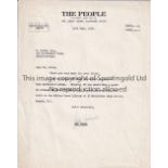 JOE HULME AUTOGRAPH A typed letter with The People letterhead, signed in 1959. Horizontal crease.