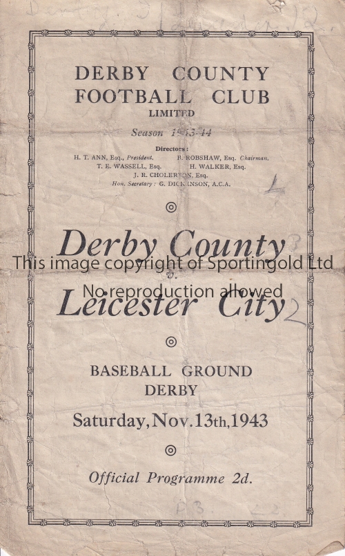 DERBY - LEICESTER 43 Derby home programme v Leicester, 13/11/43, pencil score on cover , slight wear