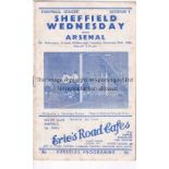 SHEFFIELD WEDNESDAY V ARSENAL 1950 VIP programme with glossy cover for the League match at Sheffield