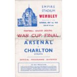 1943 FLS CUP FINAL Programme for Arsenal v Charlton Athletic 1/5/1943, horizontal fold. Fair to