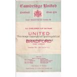 CAMBRIDGE UNITED V BRADFORD PARK AVENUE 1953 Programme for the FA Cup tie at Cambridge 12/12/1953.