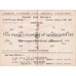 ARSENAL Programme for the home League match v. Leeds United 12/2/1927 slightly creased. Generally