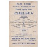 READING / CHELSEA Single Sheet Reading v Chelsea Football League South 13/11/1943. Folds. Frayed