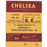 CHELSEA / WOLVES Ticket Chelsea v Wolverhampton Wanderers 25/4/1950. Good