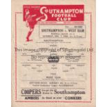 SOUTHAMPTON / WEST HAM Single Sheet programme Southampton v West Ham United 7/12/1946. No writing.