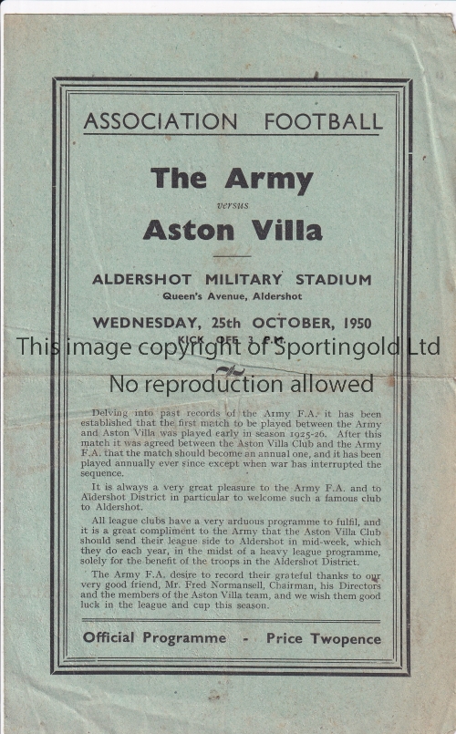 ASTON VILLA 4 Page programme at the Military Stadium, Aldershot The Army v Aston Villa Friendly 25/