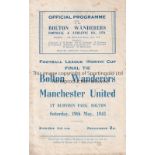 BOLTON / MAN UNITED 4 Page programme Bolton Wanderers v Manchester United War Cup Final 1st Leg 19/