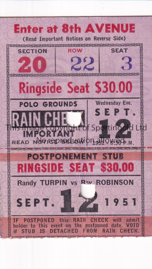 SUGAR RAY ROBINSON V RANDOLPH TURPIN 1951 Ringside Seat ticket for the Polo Grounds in New York, USA