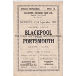 BLACKPOOL V PORTSMOUTH 1946 Programme for the League match at Blackpool 23/9/1946, slight horizontal