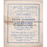 BOLTON WANDERS V BRENTFORD 1947 Programme for the League match at Bolton 10/5/1947, slight