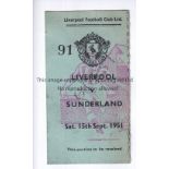 LIVERPOOL Ticket stub for home match v Sunderland 15/9/1951. Light gum on reverse. Generally good