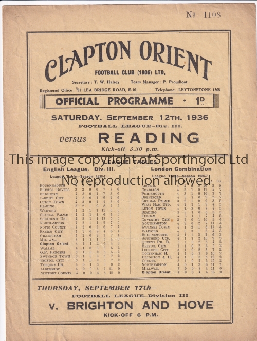 CLAPTON ORIENT V READING 1936 Four page programme Clapton Orient v Reading 12/9/1936 at Clapton.