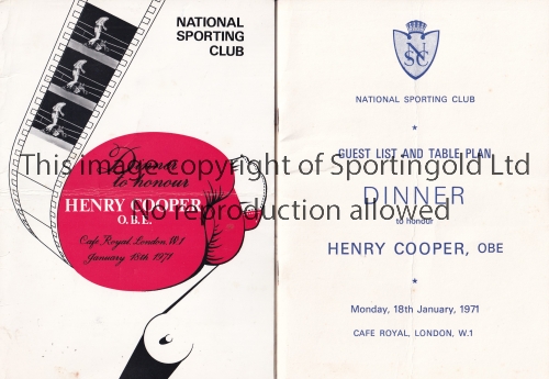 HENRY COOPER Menu, Guest List and Table Plan for the Dinner to Honour Henry Cooper OBE at the Café