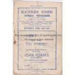 BLACKBURN Home programme v Preston North End 12/4/1947. Lacks staples with some foxing. Score and