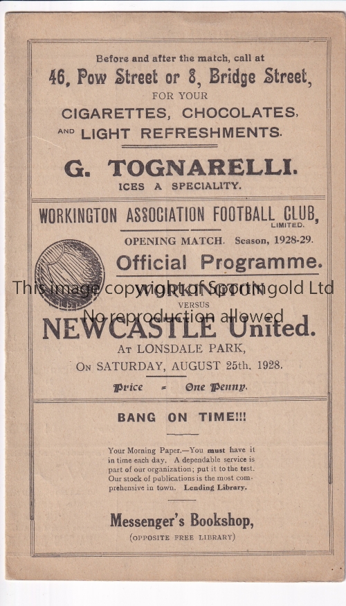 WORKINGTON V NEWCASTLE UNITED 1928 Four page Card programme Workington v Newcastle United North