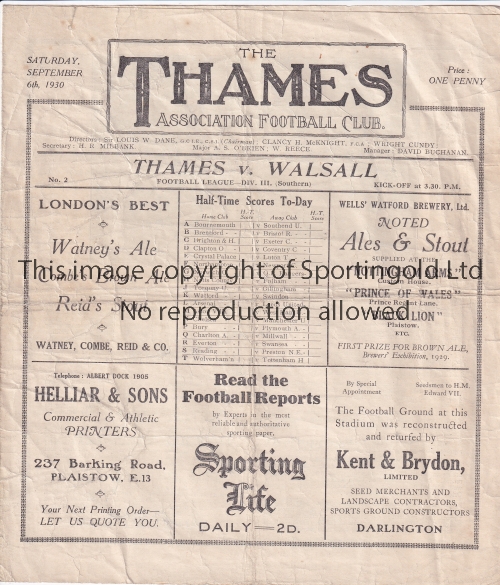 THAMES V WALSALL 1930 / FIRST HOME LEAGUE MATCH Four page programme Thames v Walsall Division 3