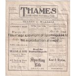 THAMES V WALSALL 1930 / FIRST HOME LEAGUE MATCH Four page programme Thames v Walsall Division 3