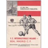 1964 EUROPEAN CUP FINAL Programme with insert for Inter Milan v Real Madrid in Vienna. Good