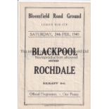 BLACKPOOL V ROCHDALE 1945 Programme for the League War Cup tie at Blackpool 24/2/1945, slightly