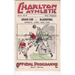 CHARLTON ATHLETIC V BLACKPOOL 1938 Programme for the League match at Charlton 18/4/1938, staple